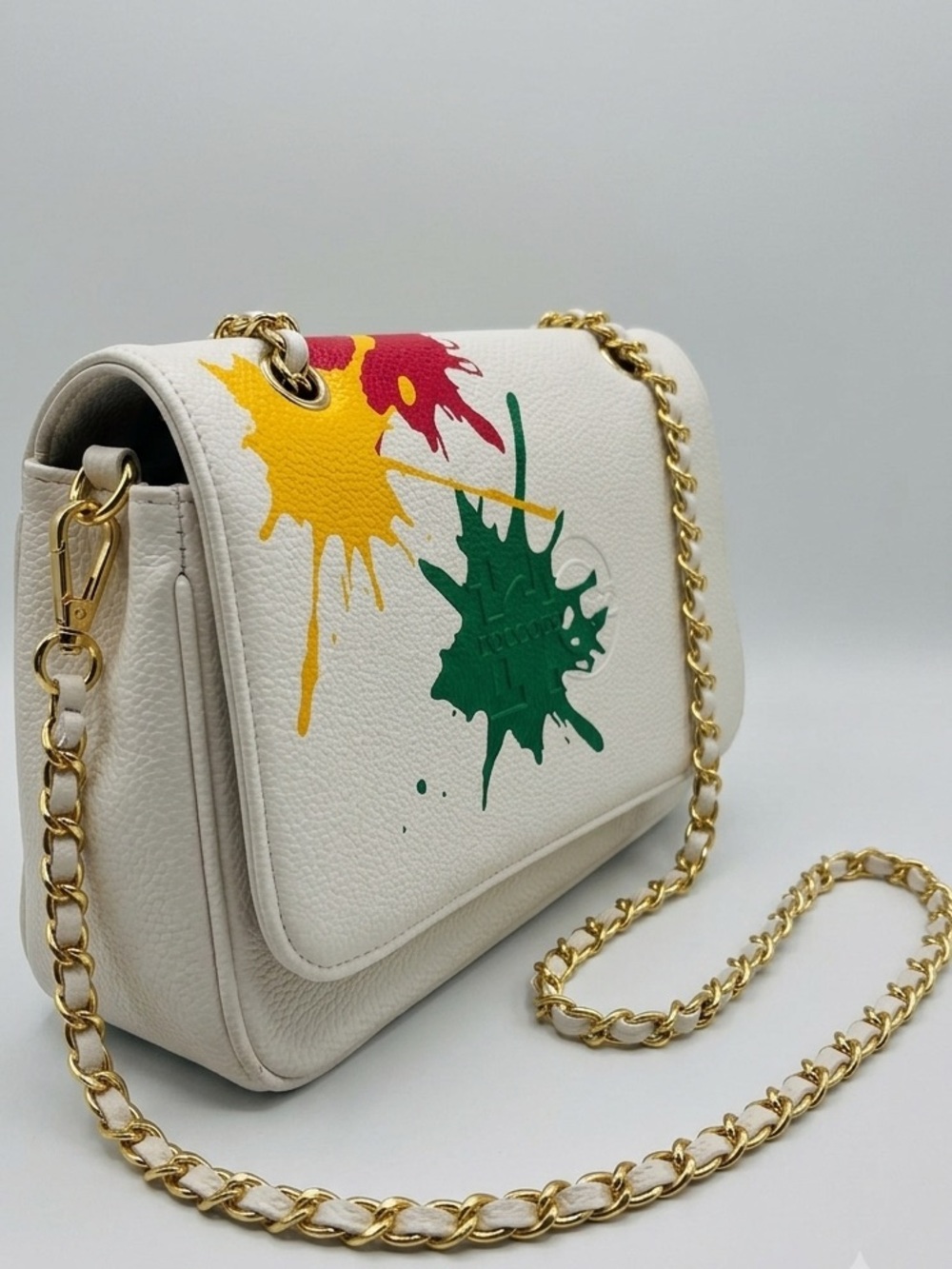 Roccobarocco Italian Designer Paint Splatter White Chain Flap Shoulder Bag